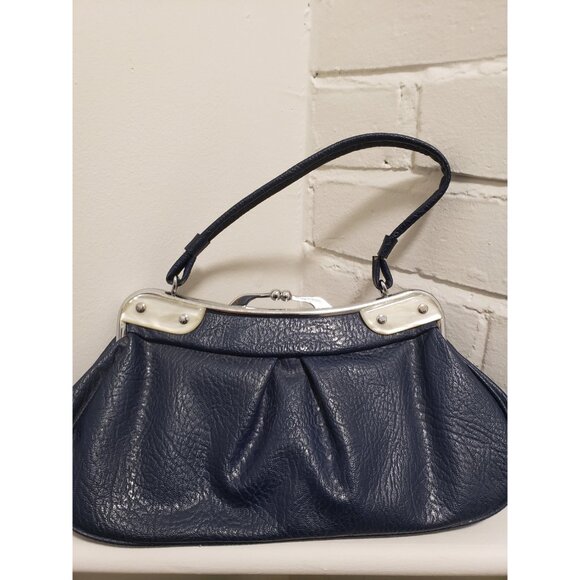 Navy Blue Top Handle Purse Pleated Vintage Purse - Picture 9 of 10